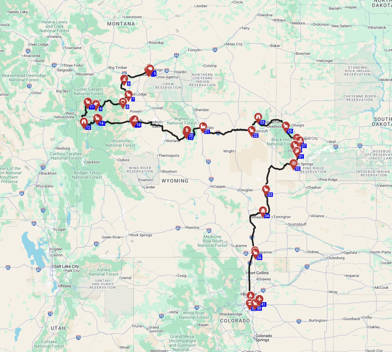Map for Billings to Denver - Wild West by RV A Camper Route Planner Journey